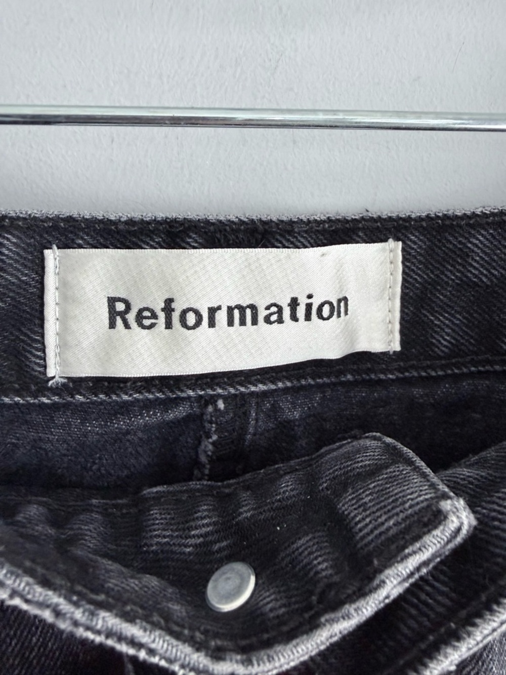 Reformation Denim Retooled Mini Skirt Pacific Washed Black 27 Raw Hem Distressed - Picture 10 of 16